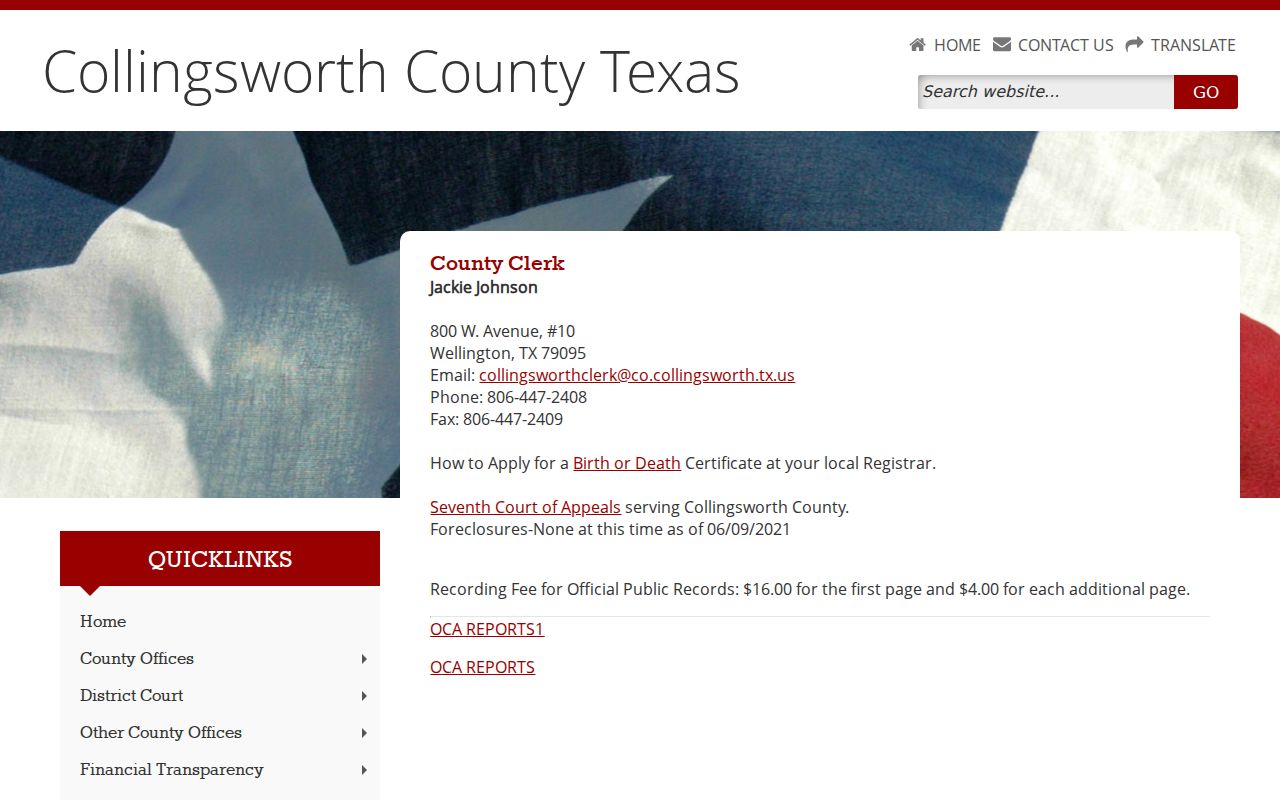 Collingsworth County court records and County Clerk contact page